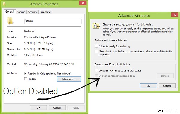 Windows 11/10에서 데이터 보안을 위해 콘텐츠 암호화 옵션이 비활성화되거나 회색으로 표시됨 