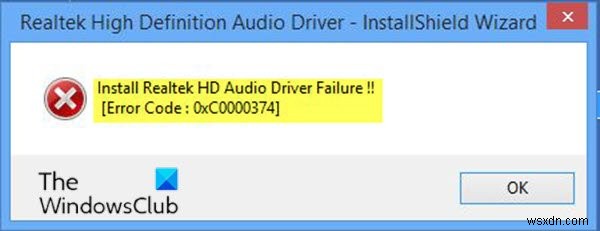 Windows 10에서 Realtek HD 오디오 드라이버 설치 실패, 오류 OxC0000374 수정 