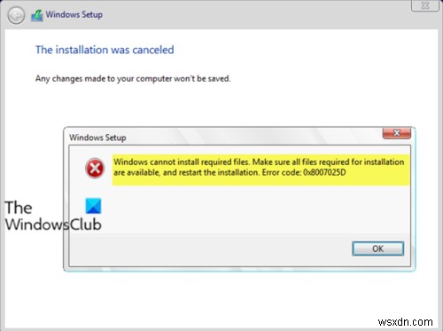 Windows에서 필요한 파일을 설치할 수 없습니다. 오류 코드 0x8007025D 