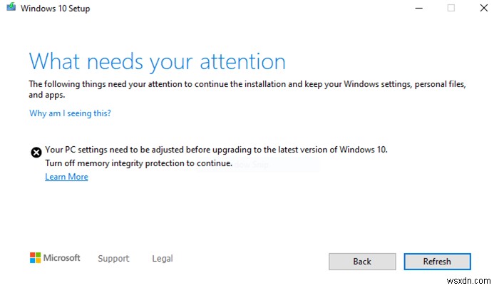 Windows 11/10 업데이트를 계속하려면 메모리 무결성 보호를 끄십시오. 