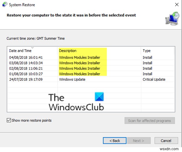 Windows 모듈 설치 프로그램이 Windows 11/10에서 시스템 복원 지점에 나열되지 않음 