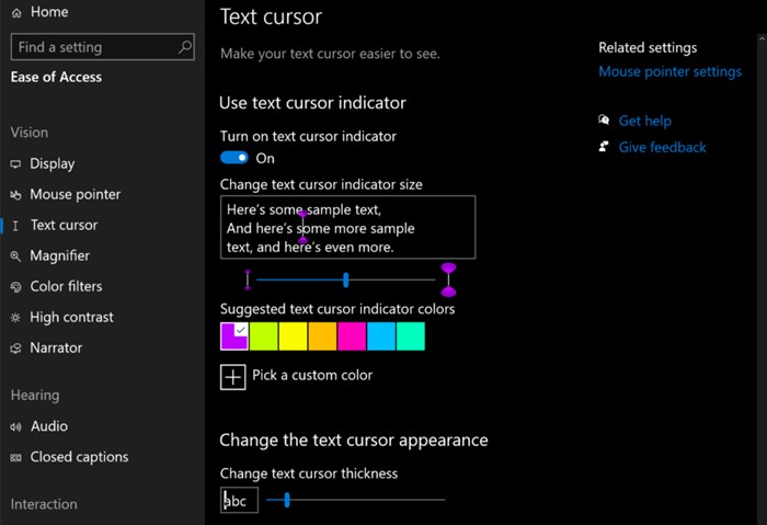 Windows 10에서는 텍스트 커서를 사용자 지정할 수 있습니다. 돋보기 및 화면 판독기 개선 사항 가져오기 