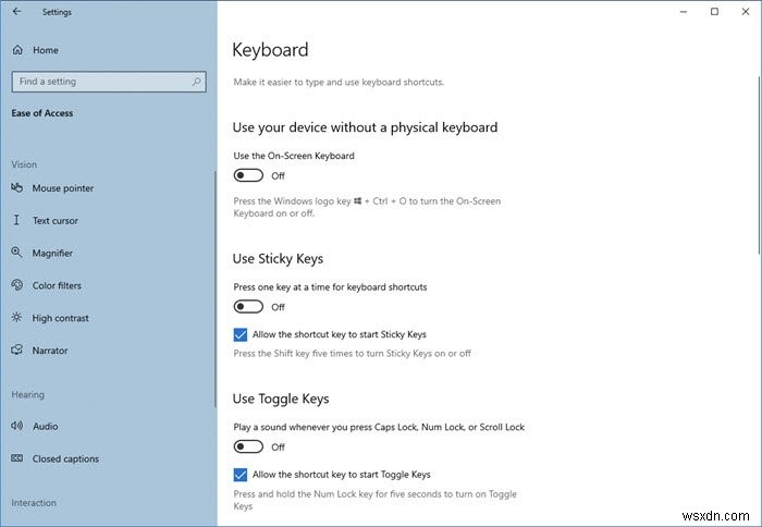 Windows 10의 접근성 키보드 설정 