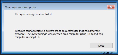 Windows에서 펌웨어가 다른 컴퓨터에 시스템 이미지를 복원할 수 없습니다. 