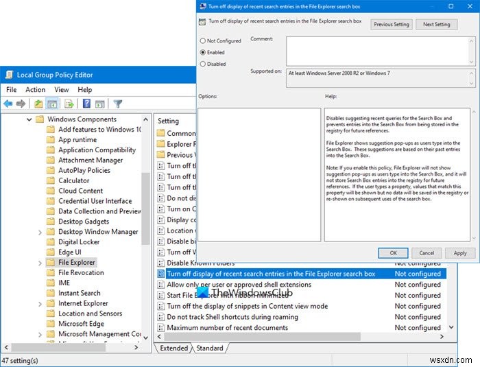 Windows 11/10의 파일 탐색기에서 최근 검색 항목 표시 끄기 