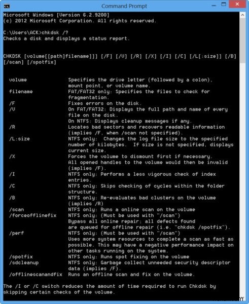 Windows 11/10의 ChkDsk 명령줄 옵션, 스위치, 매개변수 