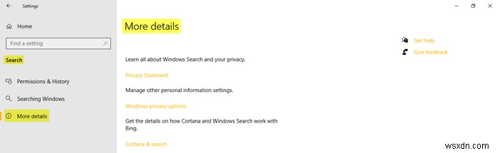 Windows 10의 검색 설정 – 권한, 기록, Windows 검색 
