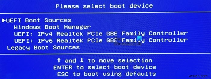 부팅 장치를 선택하십시오 – UEFI 부팅 소스 