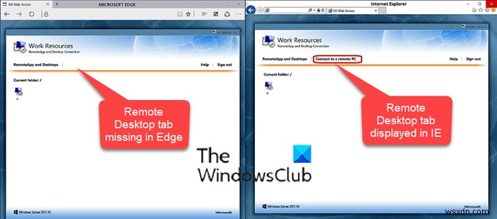 Windows 10의 Edge 브라우저에서 RDWEB의 원격 데스크톱 탭이 누락됨 