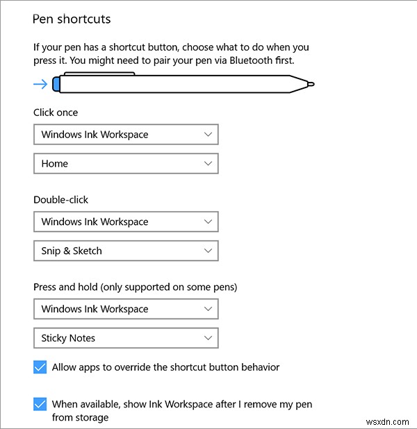 Windows 10에서 펜 및 Windows Ink 작업 영역 설정 구성 