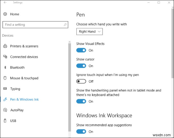 Windows 10에서 펜 및 Windows Ink 작업 영역 설정 구성 