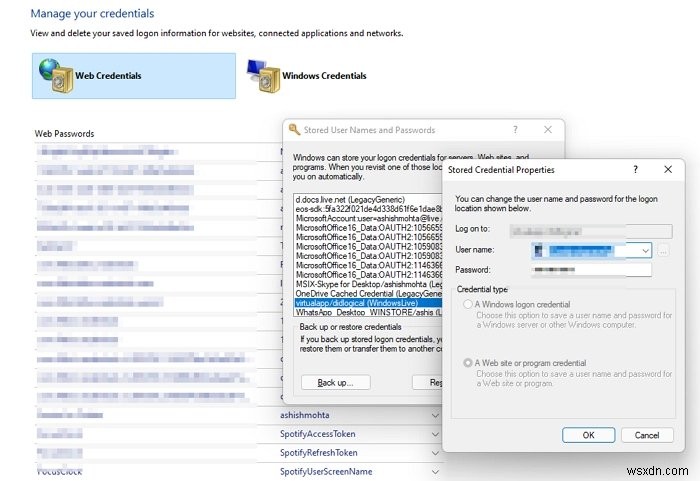 Windows 11/10에서 저장된 사용자 이름 및 암호 찾기, 추가, 제거, 편집, 백업, 복원 