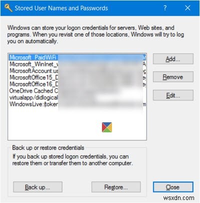Windows 11/10에서 저장된 사용자 이름 및 암호 찾기, 추가, 제거, 편집, 백업, 복원 