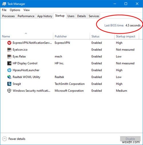 Windows 10 작업 관리자의 마지막 BIOS 시간은 무엇입니까? 