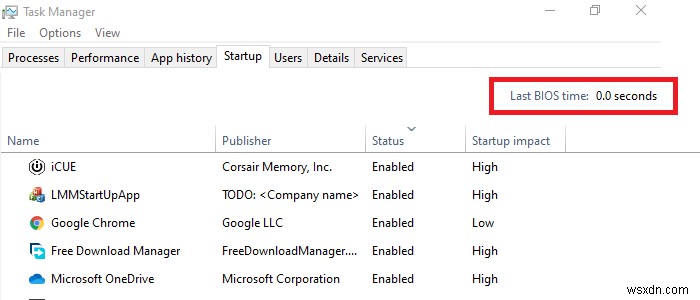 Windows 10 작업 관리자의 마지막 BIOS 시간은 무엇입니까? 