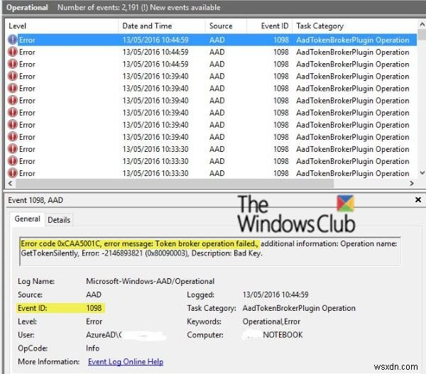 이벤트 ID 1098:오류 0xCAA5001C, Windows 10에서 토큰 브로커 작업 실패 