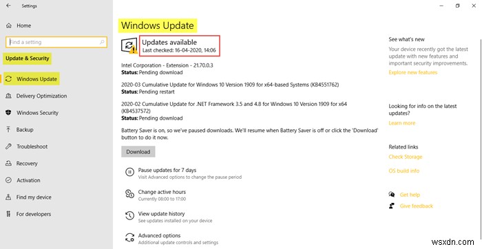 Windows 10의 Windows 업데이트 및 보안 설정 