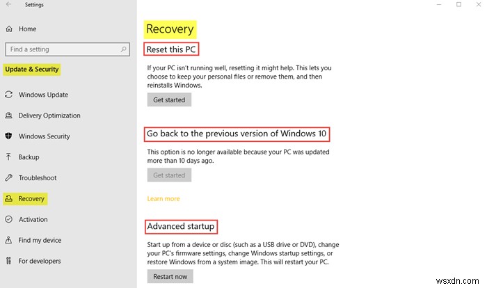 Windows 10의 Windows 업데이트 및 보안 설정 