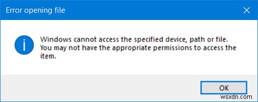 Windows에서 지정된 장치, 경로 또는 파일에 액세스할 수 없음 오류 메시지 