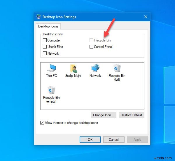Windows 10의 바탕 화면 아이콘 설정에서 휴지통이 회색으로 표시됨 