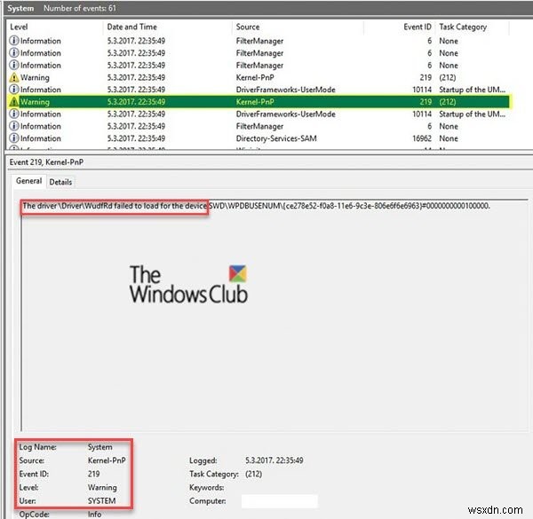 장치가 연결되면 이벤트 ID 219 오류가 발생합니다. 드라이버 WUDFRD를 로드하지 못했습니다. 