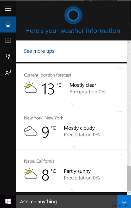 Cortana가 여러 위치에 대한 날씨 정보를 표시하도록 설정 