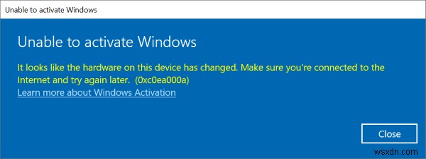 오류 0xc0ea000a, 하드웨어 변경 후 Windows 10 정품 인증 불가 