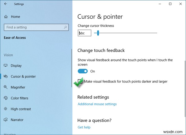 Windows 10에서 터치 포인트에 대한 시각적 피드백을 더 어둡고 크게 만들기 