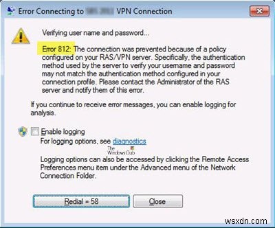 VPN 오류 812, RAS/VPN 서버에 구성된 정책으로 인해 연결이 차단되었습니다. 