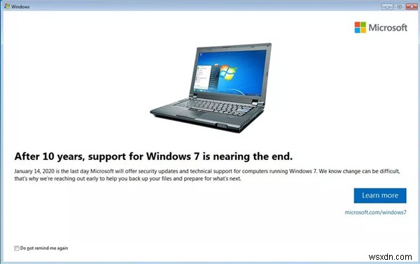 Windows 7 지원 종료 알림을 비활성화하거나 중지하는 방법 