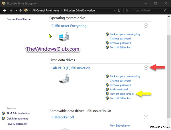 Windows 10에서 BitLocker 암호화 데이터 드라이브에 대한 자동 잠금 해제 켜기 또는 끄기 