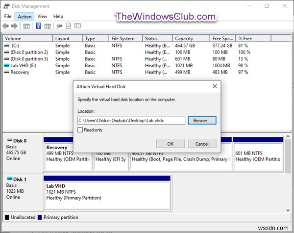 Windows 10에서 VHD 또는 VHDX(가상 하드 디스크) 파일을 마운트 또는 마운트 해제하는 방법 