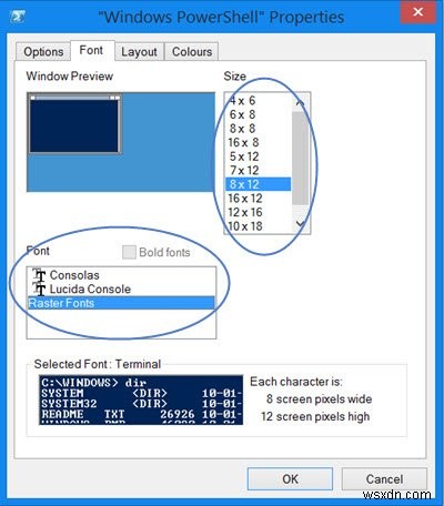 Windows PowerShell 글꼴 및 창이 너무 작습니다. 