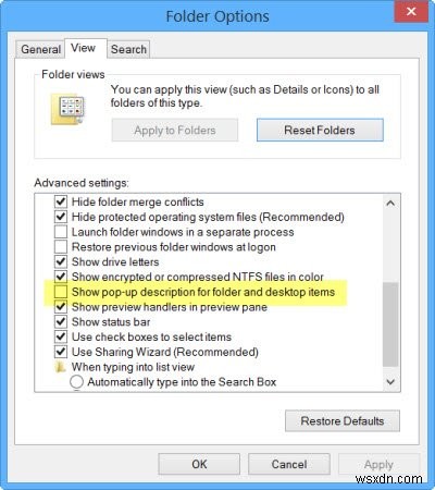 Windows 10에서 폴더 및 바탕 화면 항목에 대한 팝업 설명 비활성화 