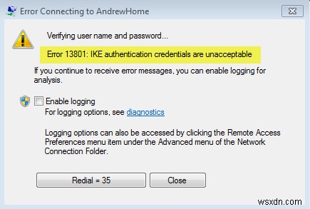 오류 13801, IKE 인증 자격 증명을 사용할 수 없습니다. 