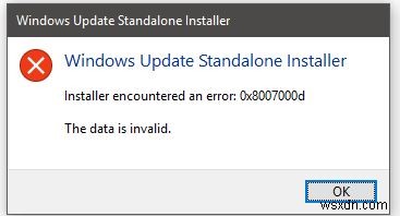 Windows 업데이트 오프라인 설치 프로그램에서 0x8007000d 오류가 발생했습니다. 데이터가 잘못되었습니다. 