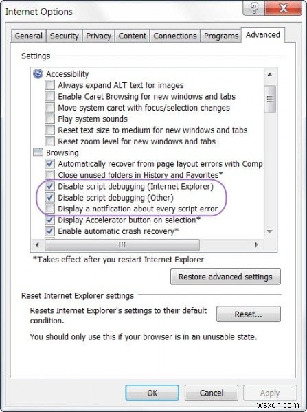 Windows 컴퓨터에서 스크립트 오류 및 런타임 오류 메시지 비활성화 