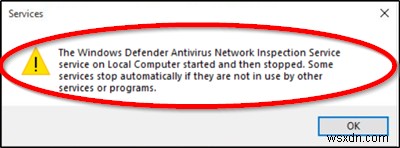 Windows Defender 바이러스 백신 네트워크 검사 서비스가 시작되었다가 중지됨 