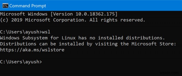 Linux용 Windows 하위 시스템에 설치된 배포판이 없습니다. 