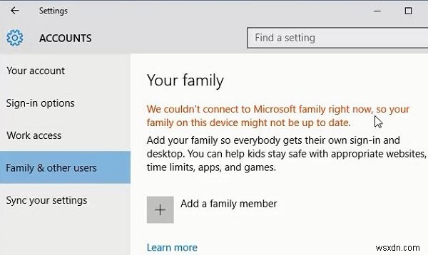 지금은 Microsoft 가족에 연결할 수 없습니다. 