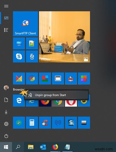 Windows 10 시작 메뉴에서 타일 또는 폴더 그룹을 고정 해제하는 방법 