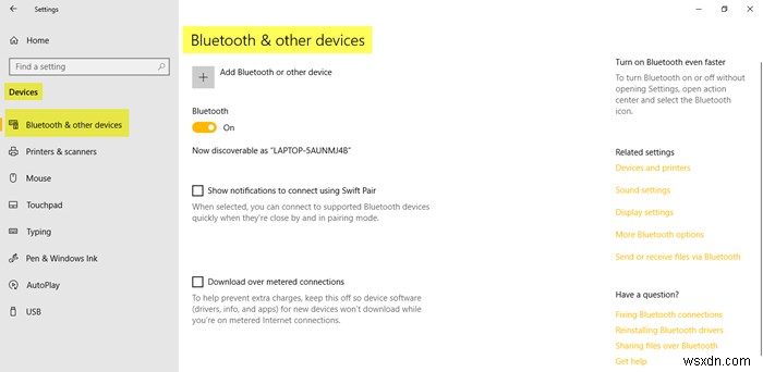 Windows 10 장치 설정:프린터, 블루투스, 마우스 등 설정 변경 