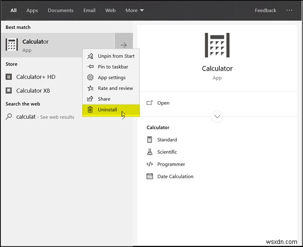 Windows 10에서 계산기 앱을 제거하는 방법 