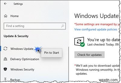 Windows 10에서 Windows 업데이트를 시작 메뉴 또는 작업 표시줄에 고정하는 방법 