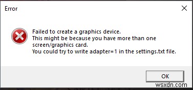 Windows 10에서 그래픽 장치 오류 생성 실패 