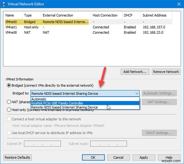 Windows 10에서 VMware Bridged 네트워크가 작동하지 않거나 감지되지 않음 