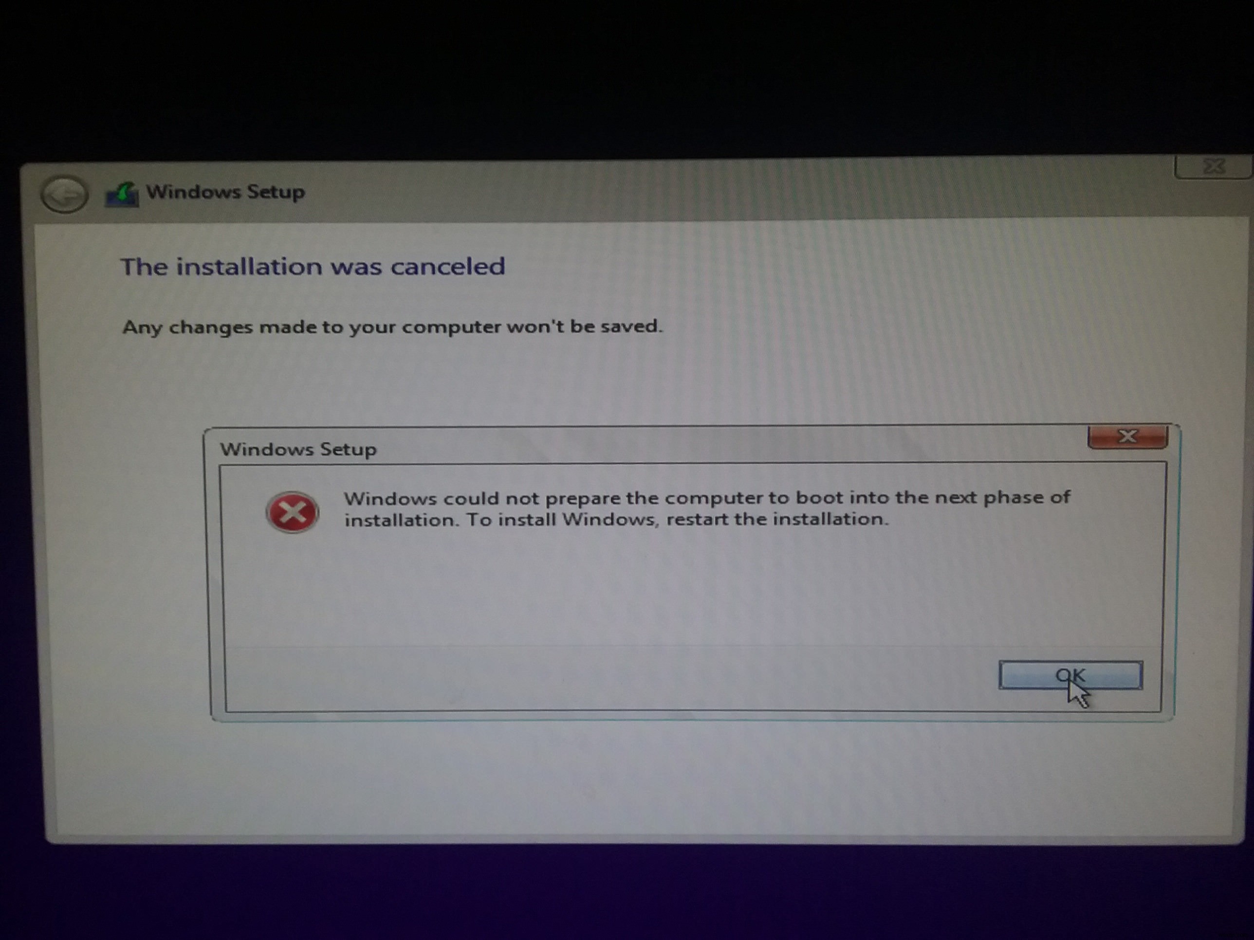 Windows에서 다음 설치 단계로 부팅하기 위해 컴퓨터를 준비할 수 없습니다. 