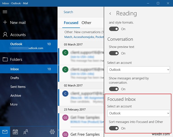 Windows 10의 메일 앱에서 중요 받은 편지함 기능 활성화 또는 비활성화 