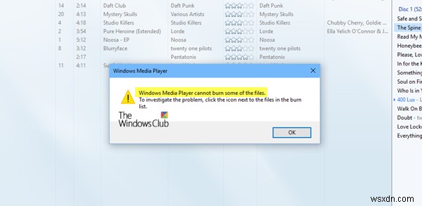 Windows Media Player에서 오디오 파일을 굽는 동안 일부 파일 오류를 구울 수 없습니다. 