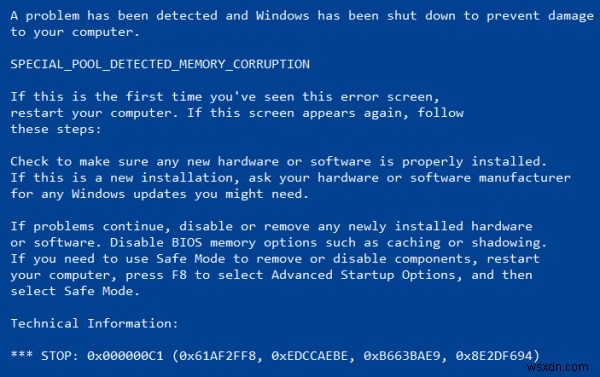Windows 10에서 특수 풀이 메모리 손상을 감지함 중지 코드 